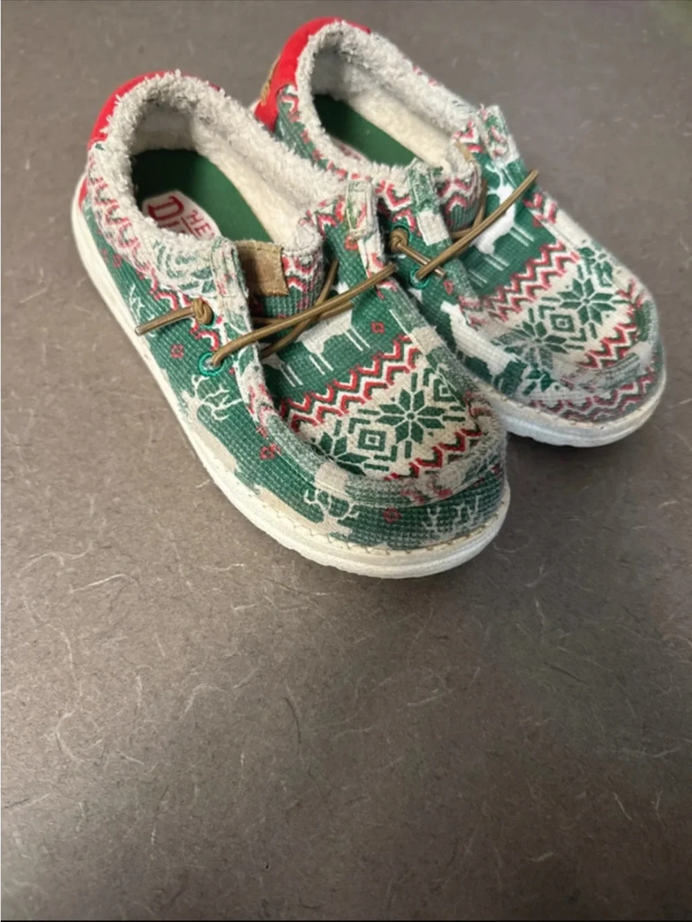 Hey Dude Kids Green & Red Holiday Pattern Slip-Ons